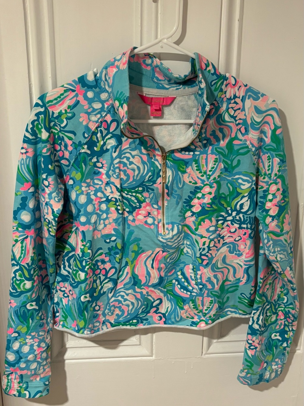 Lilly Pulitzer Cropped Aqua Pink & Green Floral Half-Zip Pullover